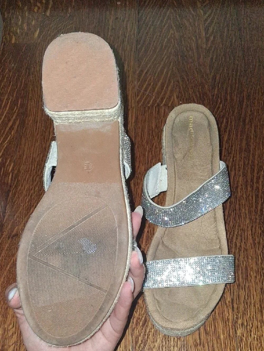 Madden Girl Silver Crystal Double-Strap Braided Wedge Sandals